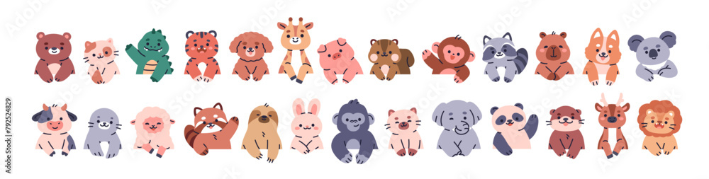Peeking animals set. Happy baby bear, bunny, cat, elephant, lion and koala characters. Cute funny kawaii curious cubs looking, peeping. Kids flat vector illustration isolated on white background