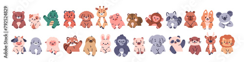 Peeking animals set. Happy baby bear, bunny, cat, elephant, lion and koala characters. Cute funny kawaii curious cubs looking, peeping. Kids flat vector illustration isolated on white background