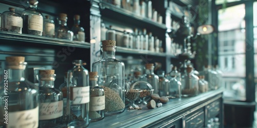Victorian Apothecary InteriorGlass Bottles and Herbal Remedies photo