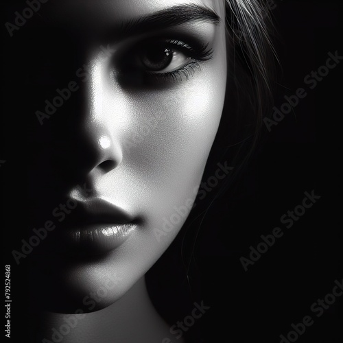 close-up young woman face with the rim light black and white