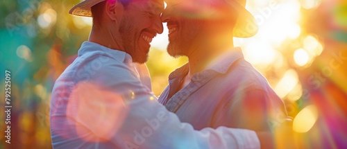 close-up of a joyful, homosexual male couple dancing