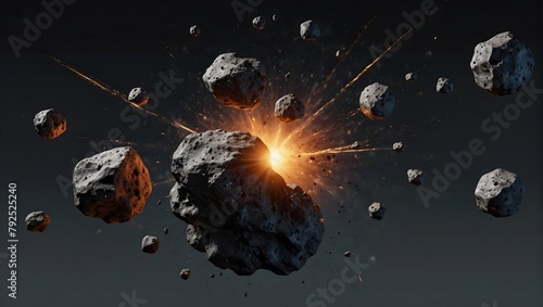 Asteroid swarm of boulders or stone meteorites isolated on transparent PNG background, depicting flying rocks in space Generative AI