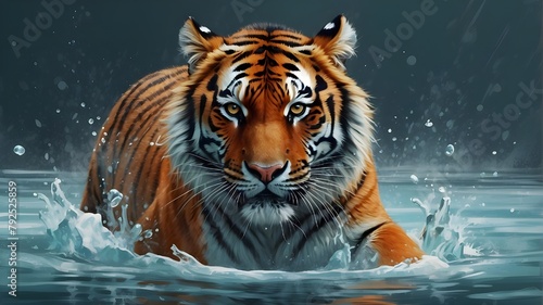 Digital illustration of an Amur Tiger gracefully juggling in the icy waters of Siberia. The tiger is depicted with  sleek and vibrant orange fur   its powerful muscles visible beneath the surface. The