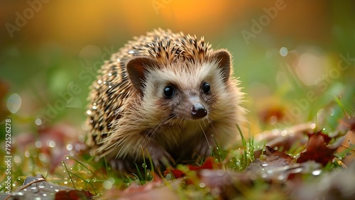 Hedgehog exploring a dewy grass field. Concept Animals, Nature, Hedgehog, Grass, Exploration