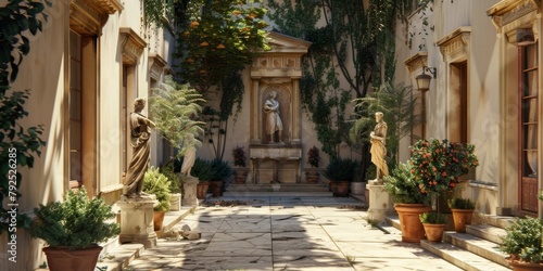 Greek Inspired CourtyardMarble Statues in Ancient Architectural Setting. © Bendix