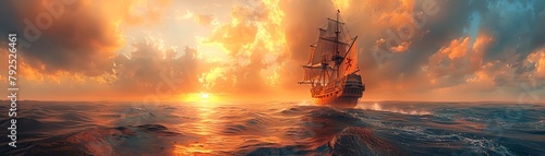 A pirate ship sails on a rough sea at sunset. photo