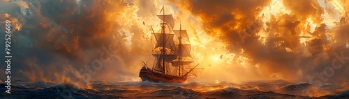 A pirate ship sails through a stormy sea. The sky is dark and the waves are crashing against the ship. The ship is being pushed by the wind and waves, and it looks like it is about to capsize. photo