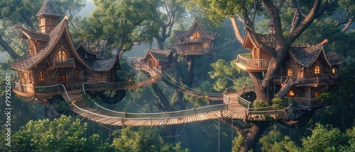 A photo of a treehouse village in a lush forest. The treehouses are connected by bridges and walkways. © wasan