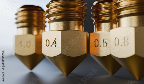 Many brass nozzles for 3D printer with different sizes. 3D rendered illustration. © vchalup