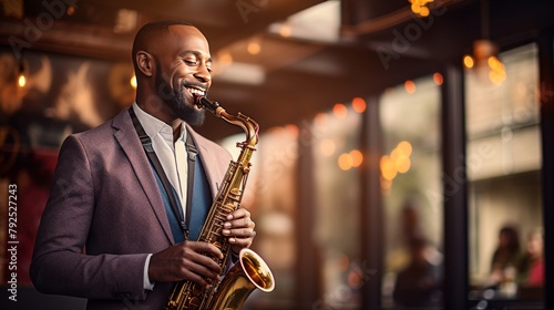 A stylish man in a sharp suit serenades with a soulful saxophone performance