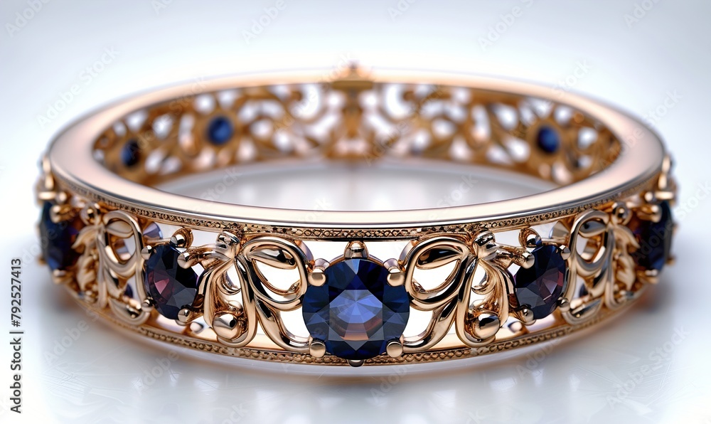 A luxurious sapphire gemstone adorns an elegant gold bangle, showcasing exquisite craftsmanship in this fashion accessory. A luxurious sapphire gemstone adorns an elegant gold bangle, showcasing exquisite craftsmanship in this fashion accessory.