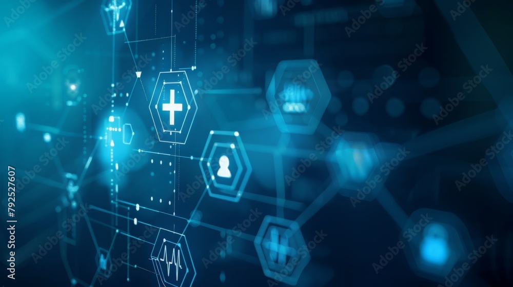 Medical icon network connection with modern virtual screen interface on hospital background Medical icon network connection with modern virtual screen interface on hospital background