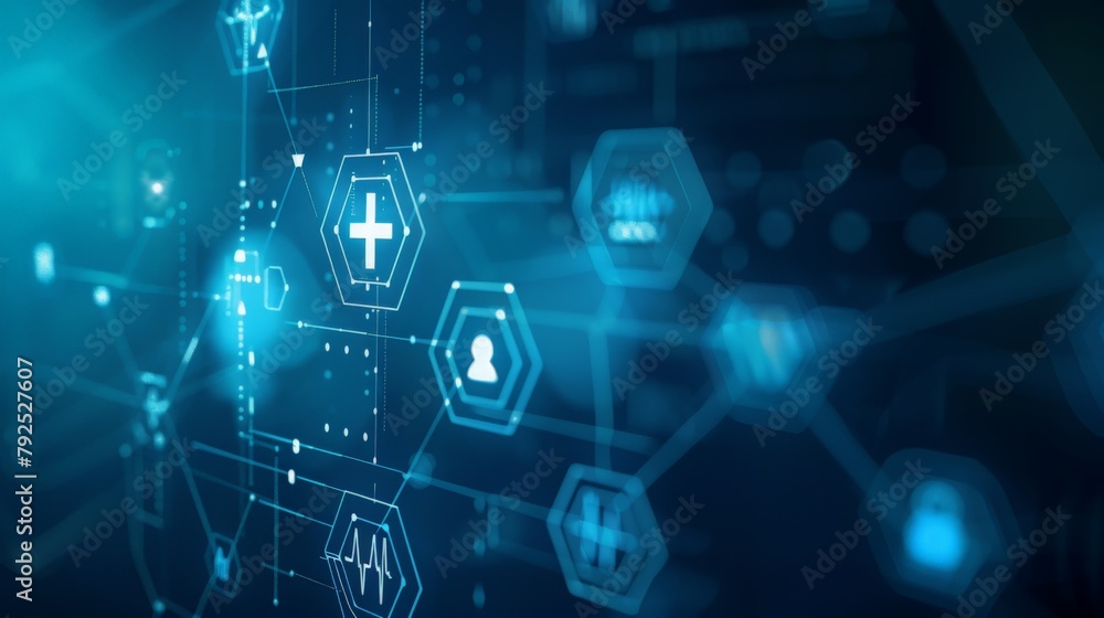 Medical icon network connection with modern virtual screen interface on hospital background