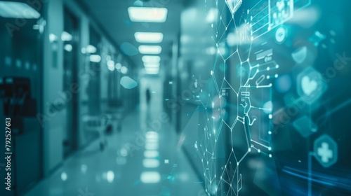 Medical icon network connection with modern virtual screen interface on hospital background