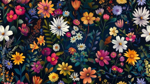 Colorful summer wildflowers, daisies and tulips with green leaves on a dark background photo