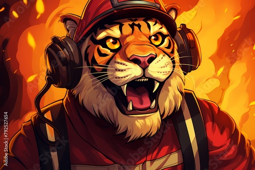 cartoon illustration, a firefighter tiger