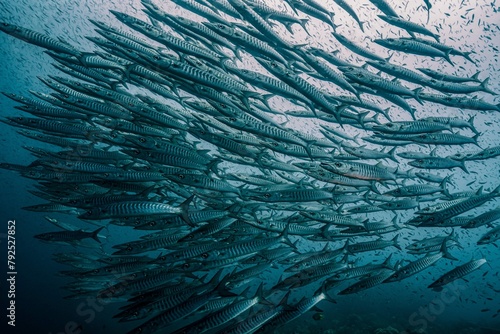 Large school chevron barracuda sphyraena putnamae deep ocean photo