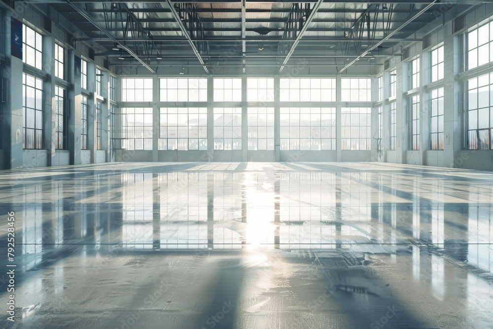 A large empty modern warehouse, Modern industrial warehouse with natural light A large empty modern warehouse, Modern industrial warehouse with natural light
