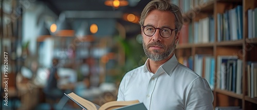 businessman in his mid-adult years who is serious and wears glasses, reading a book while at work