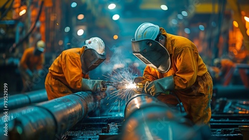 Multiple technicians are welding gas pipelines on the coast.