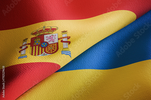 Spain and Ukraine flags over each other. Partnership and negotiation concept. 3D rendered illustration. © vchalup