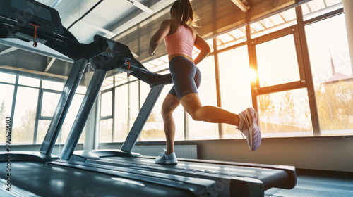 Left side view in low angle of a Woman with brown ponytail running on a treadmill inside an empty gym with a hard morning sun behind windows walls