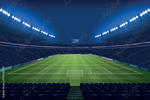 Modern Soccer Stadium Illuminated by Floodlights at Night