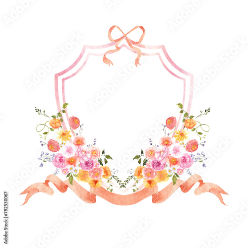 Watercolor hand draw Crest. Peachy frames with peach fuzz flowers, wildflowers, bloom, ribbon and bow, isolated on transparent background, for wedding invitations