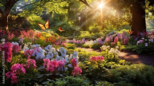 A lush garden bursting with vibrant and diverse colored flowers in full bloom under the warm sunlight