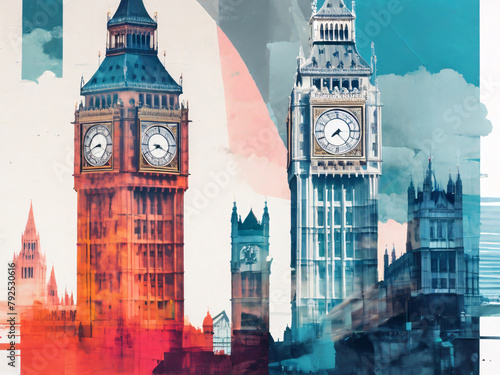 Double Big Ben and London cityscape illustration artwork.
