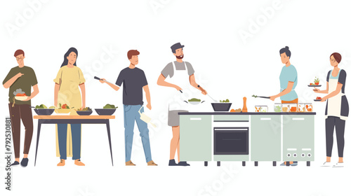 Smiling people cooking on kitchen table set vector