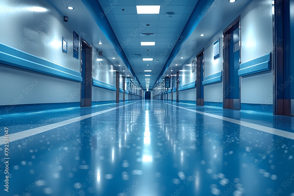 Long Hallway With Blue and White Walls. Generative AI