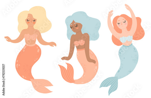 Cute cartoon mermaids. Vector hand-drawn illustration of pretty girls mermaids