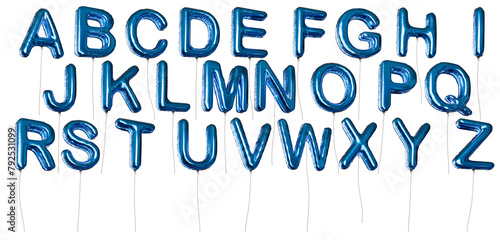 Many alphabet letter shaped blue balloons made of foil. Isolated on transparent background.
