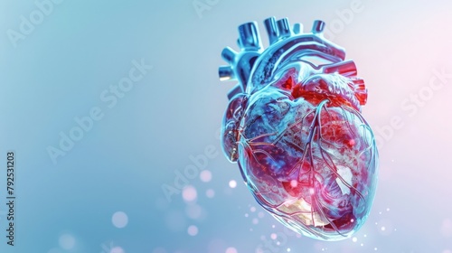 A detailed holographic projection of a human heart, showing all its chambers and valves. The background is a soft gradient of blues, providing ample space for text. photo