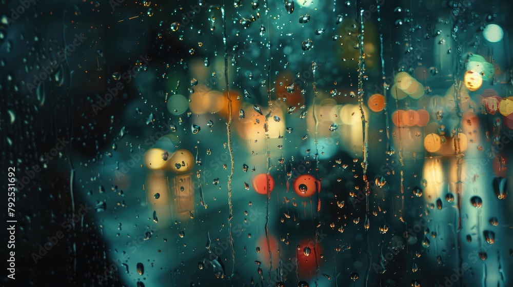 close-up of raindrops pelting against a window pane, blurred city lights in the background as a storm rages outside. close-up of raindrops pelting against a window pane, blurred city lights in the background as a storm rages outside.