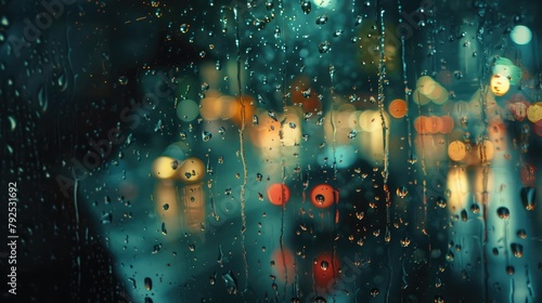 close-up of raindrops pelting against a window pane  blurred city lights in the background as a storm rages outside.