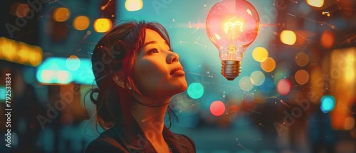 A woman looking up at a glowing light bulb.