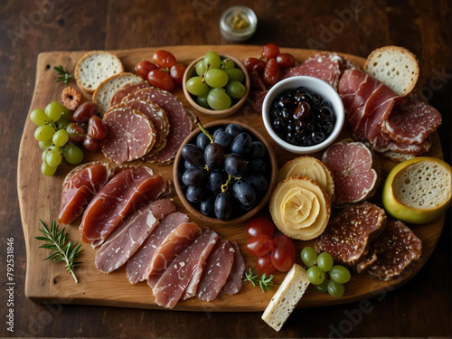 The meats are sliced paper-thin and arranged artistically on the board.