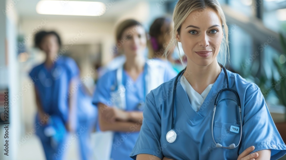 Confident Female Doctor with Medical Team in Hospital Confident Female Doctor with Medical Team in Hospital