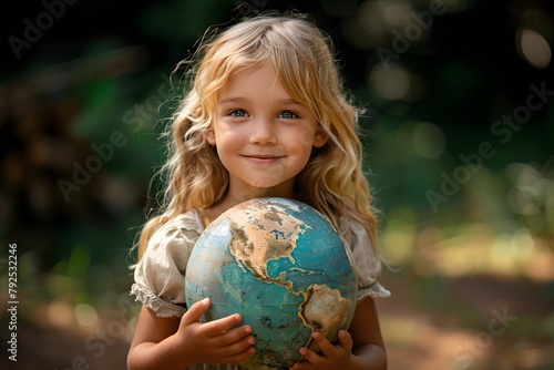 Little Girl Holding Globe in Her Hands. Generative AI