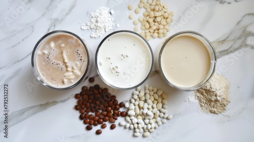 Almond and Oat Milk Varieties with Fresh Ingredients and Blossoms. World Milk Day