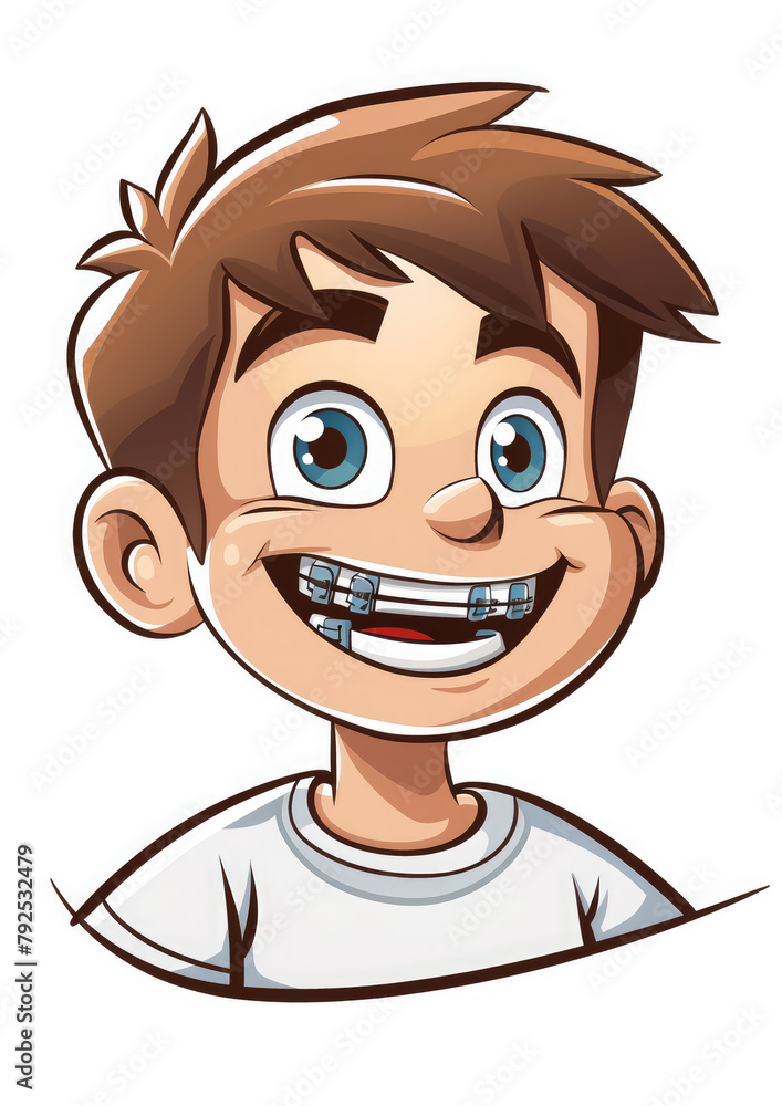 smiling little boy with braces on his teeth on a white background, child, kid, dentistry, orthodontist, bite, straight, tooth, treatment, children, dentist, illustration, character, people