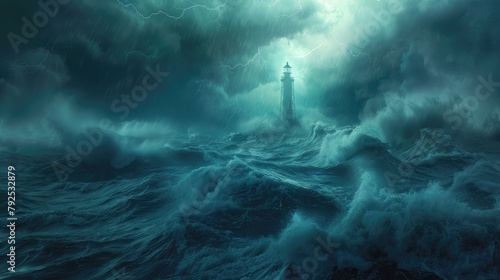 lone lighthouse standing tall against the fury of a stormy sea, its beacon guiding ships to safety amidst the chaos of nature's wrath.