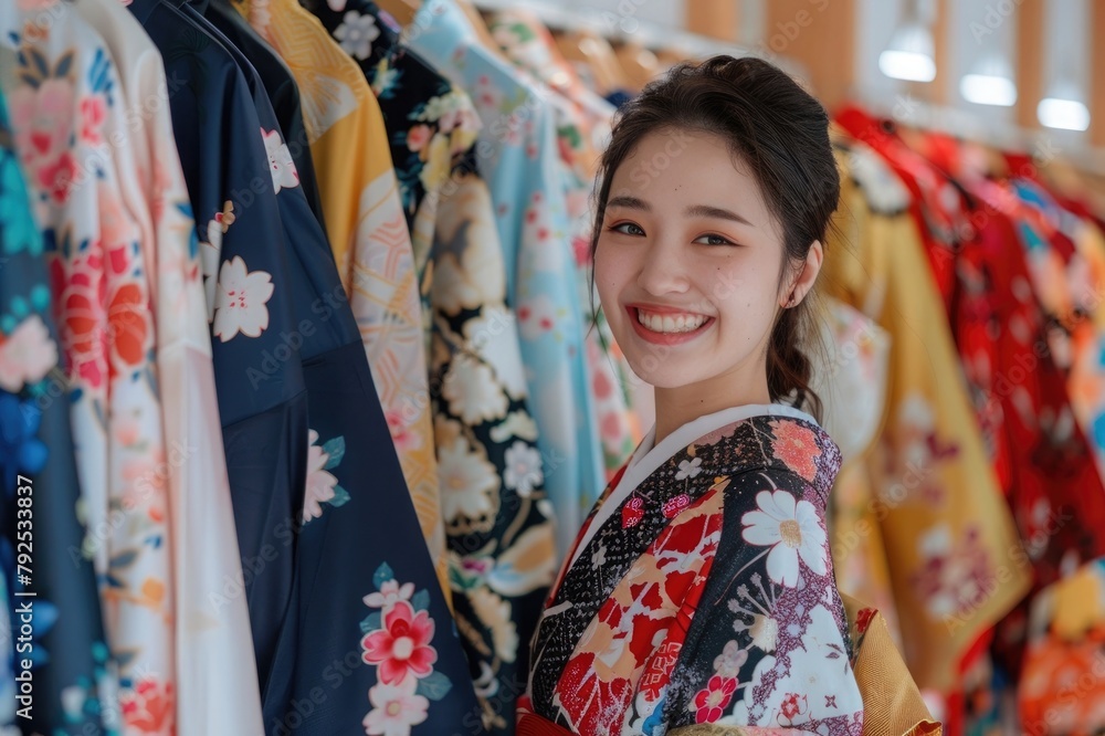 Young asian woman dress up with japanese kimono in kimono rental shop in japan