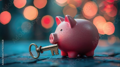 piggy bank with a key, symbolizing the empowerment and freedom that comes from taking control of one's financial future through saving and prudent money management. photo