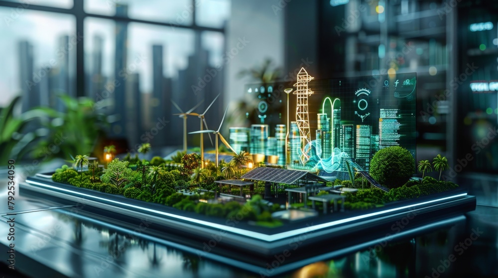 A holographic presentation in a boardroom depicts a futuristic city built entirely on renewable energy sources. Wind turbines, solar panels,