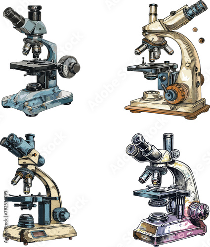 Engraving illustration Set of Microscope isolated on white background