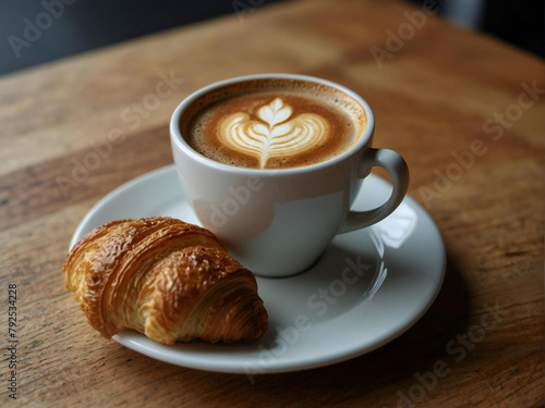 The coffee is served in a white porcelain cup and the croissant is golden brown on the outside and soft and buttery on the inside.