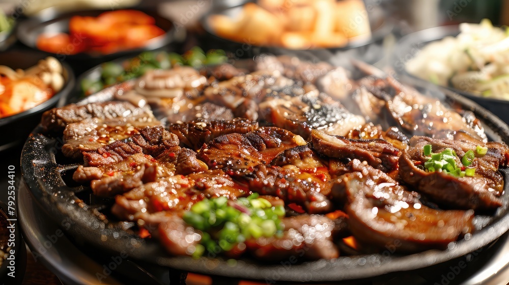 Fototapeta premium sizzling platter of Korean barbecue, with marinated beef bulgogi and tender pork belly grilled to perfection, served with an array of banchan side dishes.